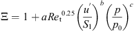 $$ \mathrm{\Xi }=1+a{{{Re}}_{\mathrm{t}}}^{0.25}{\left(\frac{{u}^\mathrm{\prime}}{{S}_{\mathrm{l}}}\right)}^b{\left(\frac{p}{{p}_0}\right)}^c $$