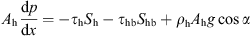 $$ {A}_{\mathrm{h}}\frac{\mathrm{d}p}{\mathrm{d}x}=-{\tau }_{\mathrm{h}}{S}_{\mathrm{h}}-{\tau }_{\mathrm{hb}}{S}_{\mathrm{hb}}+{\rho }_{\mathrm{h}}{A}_{\mathrm{h}}g\mathrm{cos}\alpha $$