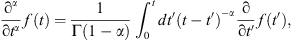 $$ \frac{{\mathrm{\partial }}^{\alpha }}{\mathrm{\partial }{t}^{\alpha }}f(t)=\frac{1}{\mathrm{\Gamma }\left(1-\alpha \right)}{\int }_0^t \mathrm{d}t\mathrm{\prime}(t-t\mathrm{\prime}{)}^{-\alpha }\frac{\mathrm{\partial }}{\mathrm{\partial }t\mathrm{\prime}f(t\mathrm{\prime}), $$