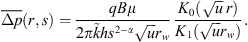 $$ \overline{\Delta p}\left(r,s\right)=\frac{{qB\mu }}{2\pi \mathop{k}\limits^\tildeh{s}^{2-\alpha }\sqrt{u}{r}_{\mathrm{w}}}\frac{{K}_0\left(\sqrt{u}\enspace r\right)}{{K}_1\left(\sqrt{u}{r}_{\mathrm{w}}\right)}. $$