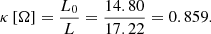 $$ \kappa \left[\mathrm{\Omega }\right]=\frac{{L}_0}{L}=\frac{14.80}{17.22}=0.859. $$