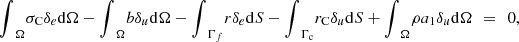 $$ {\int }_{\mathrm{\Omega }}^{}{\sigma }_{\mathrm{C}}{\delta }_e\mathrm{d}\mathrm{\Omega }-{\int }_{\mathrm{\Omega }}^{}b{\delta }_u\mathrm{d}\mathrm{\Omega }-{\int }_{{\mathrm{\Gamma }}_f}^{}r{\delta }_e\mathrm{d}S-{\int }_{{\mathrm{\Gamma }}_{\mathrm{c}}}^{}{r}_{\mathrm{C}}{\delta }_u\mathrm{d}S+{\int }_{\mathrm{\Omega }}^{}\rho {a}_1{\delta }_u\mathrm{d}\mathrm{\Omega }\enspace =\mathrm{\enspace }0, $$