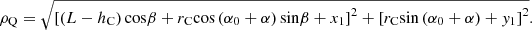 $$ {\rho }_{\mathrm{Q}}=\sqrt{{\left[\left(L-{h}_{\mathrm{C}}\right)\mathrm{cos}\beta +{r}_{\mathrm{C}}\mathrm{cos}\left({\alpha }_0+\alpha \right)\mathrm{sin}\beta +{x}_1\right]}^2+{\left[{r}_{\mathrm{C}}\mathrm{sin}\left({\alpha }_0+\alpha \right)+{y}_1\right]}^2}. $$